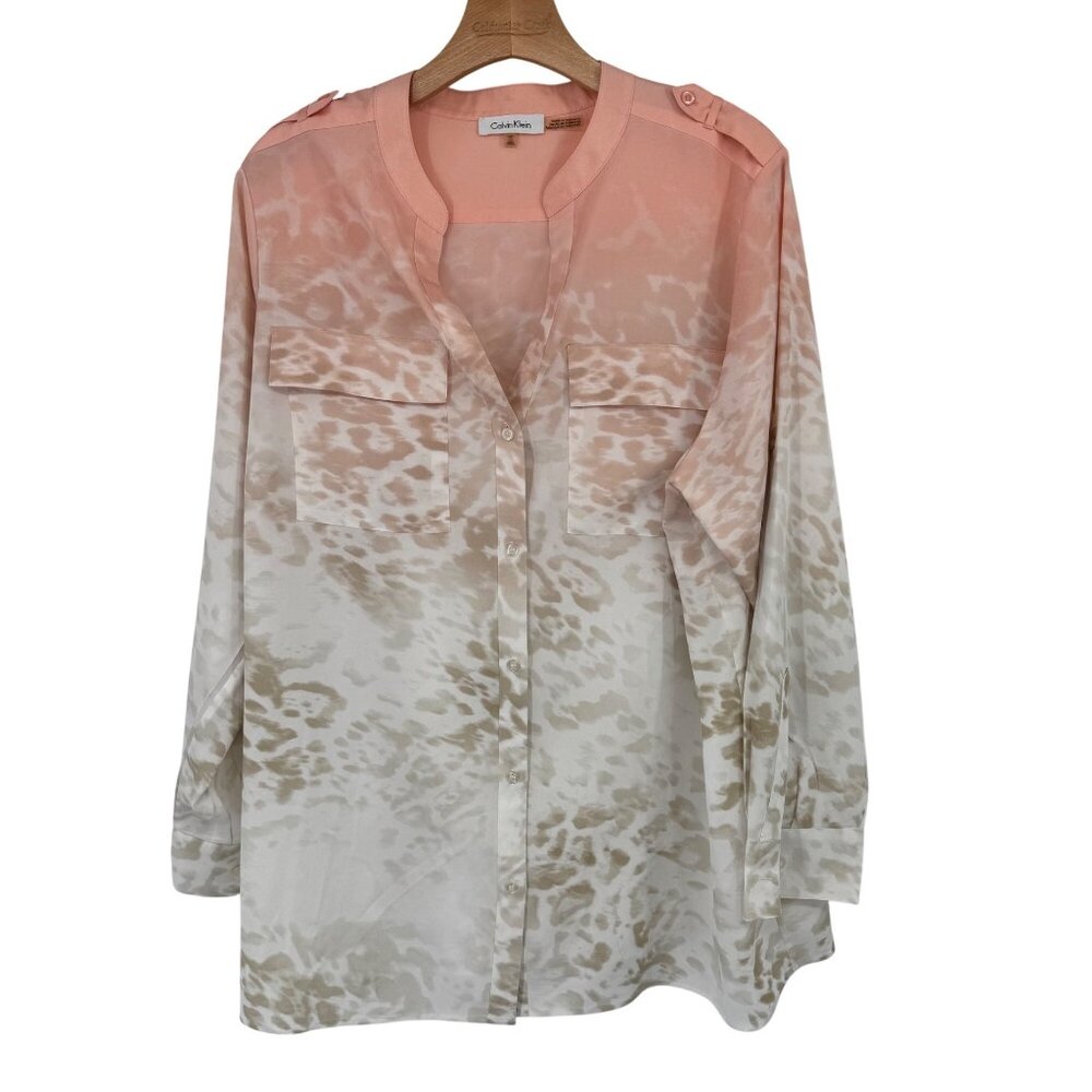 Calvin Klein Womens Long Sleeve Blouse Size 1X plus Peach Beige Ombre